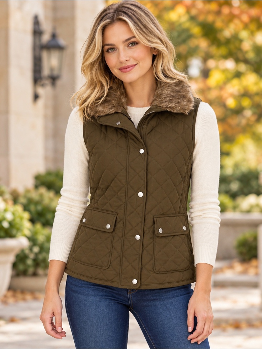 Kenar Quilted Puffer Vest with Faux Fur Collar – Olive Green, Size L